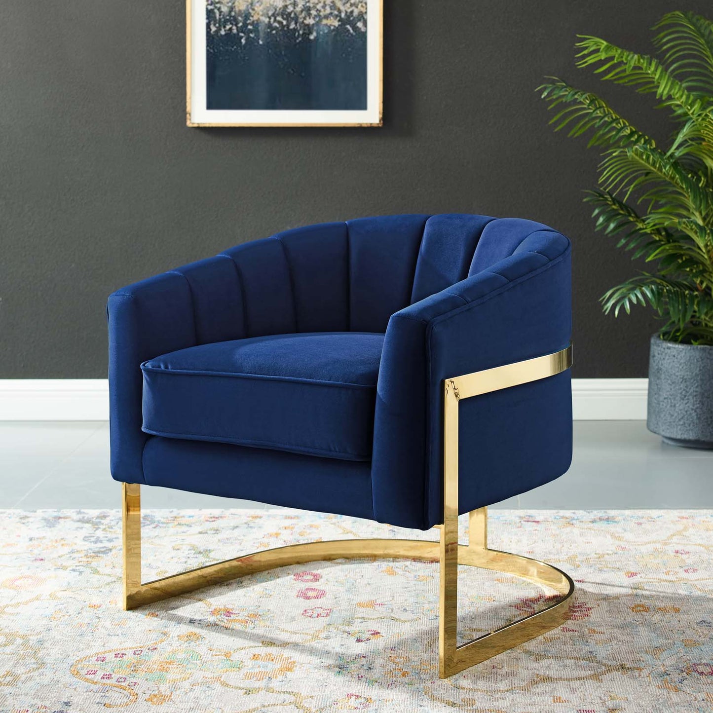 Esteem Vertical Channel Tufted Performance Velvet Accent Armchair, Velvet Fabric Metal Steel, Navy Blue, 17376