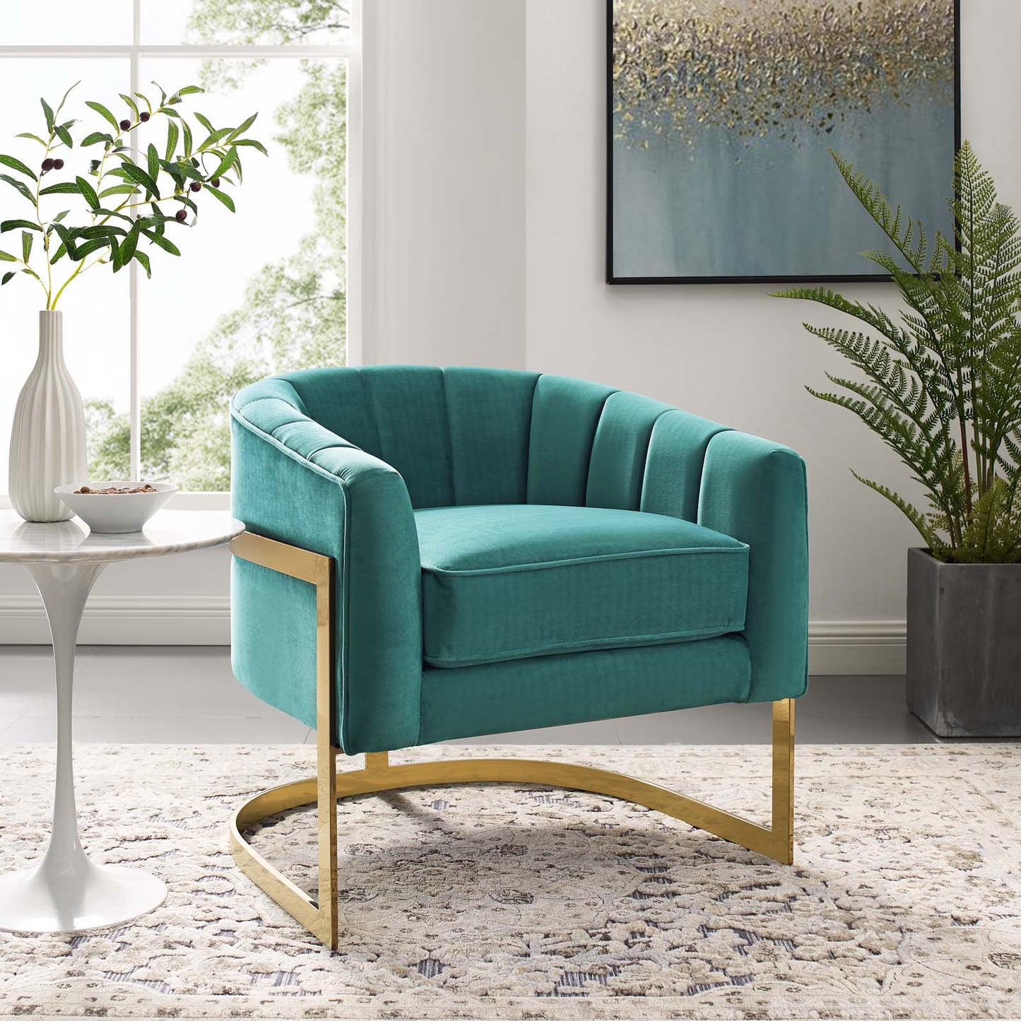 Esteem Vertical Channel Tufted Performance Velvet Accent Armchair, Velvet Fabric Metal Steel, Aqua Blue, 17378