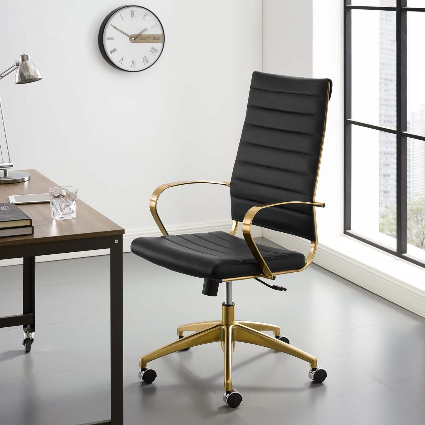 Jive Gold Stainless Steel Highback Office Chair, Faux Vinyl Leather Aluminum, Gold Black, 17384