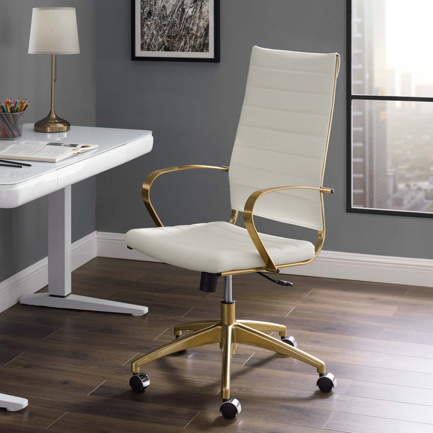 Jive Gold Stainless Steel Highback Office Chair, Faux Vinyl Leather Aluminum, Gold White, 17385