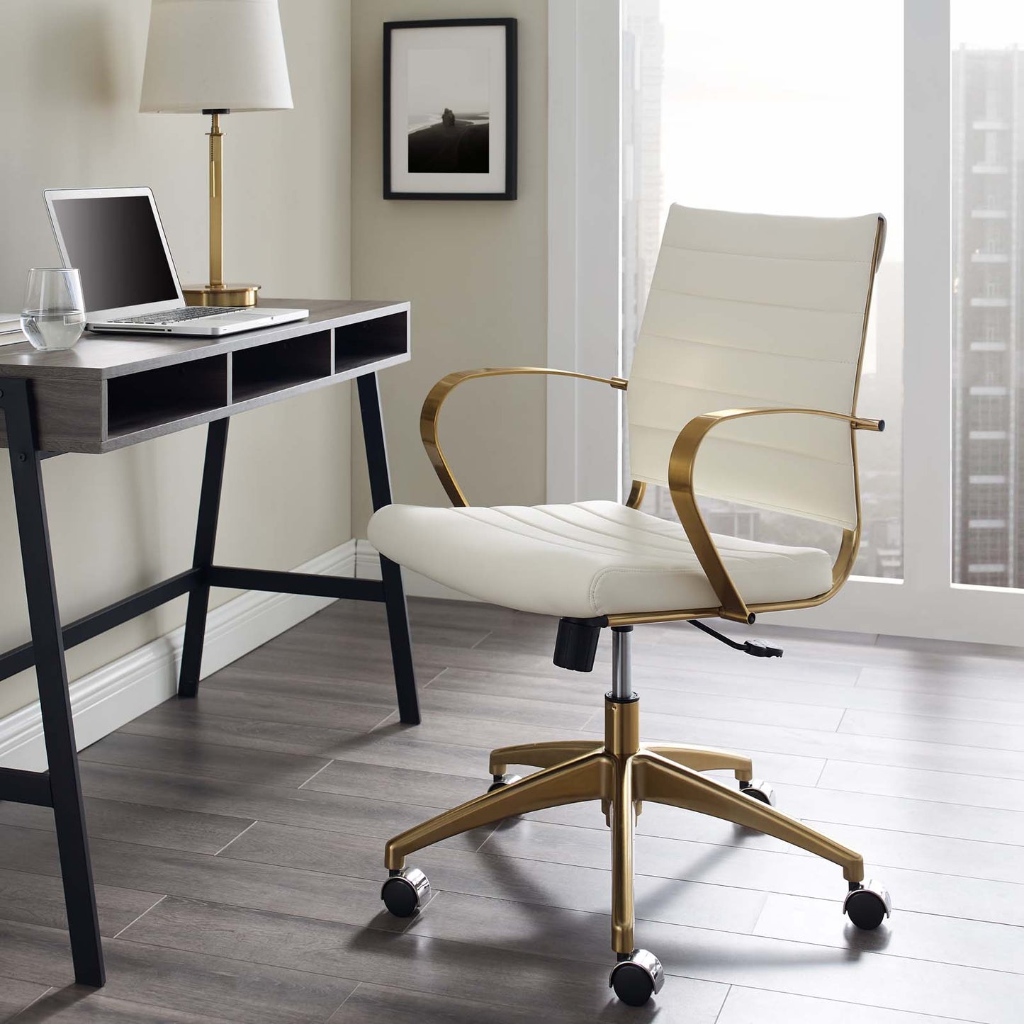 Jive Gold Stainless Steel Midback Office Chair, Faux Vinyl Leather Aluminum, Gold White, 17387