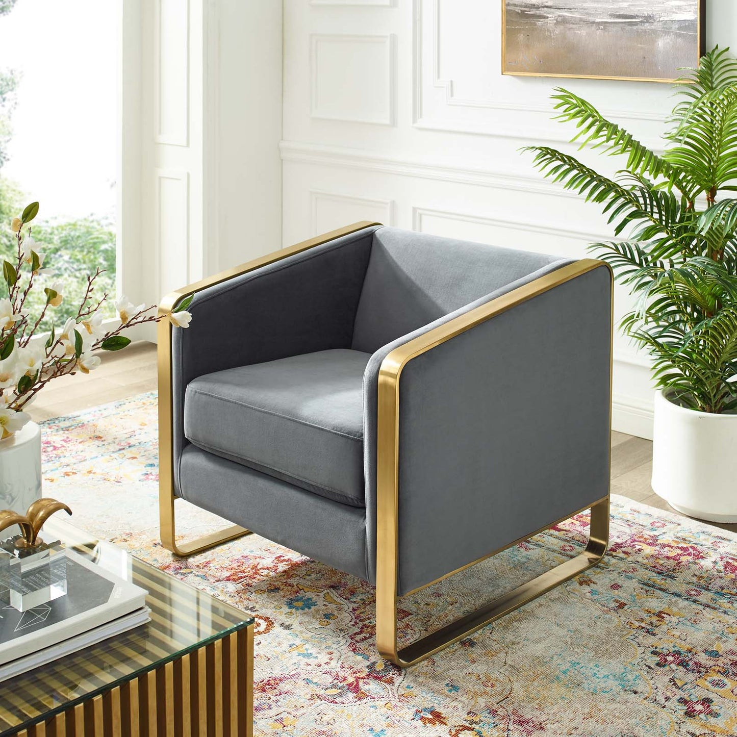 Visualize Accent Club Lounge Performance Velvet Armchair, Velvet Fabric Metal Steel, Grey Gray, 17389