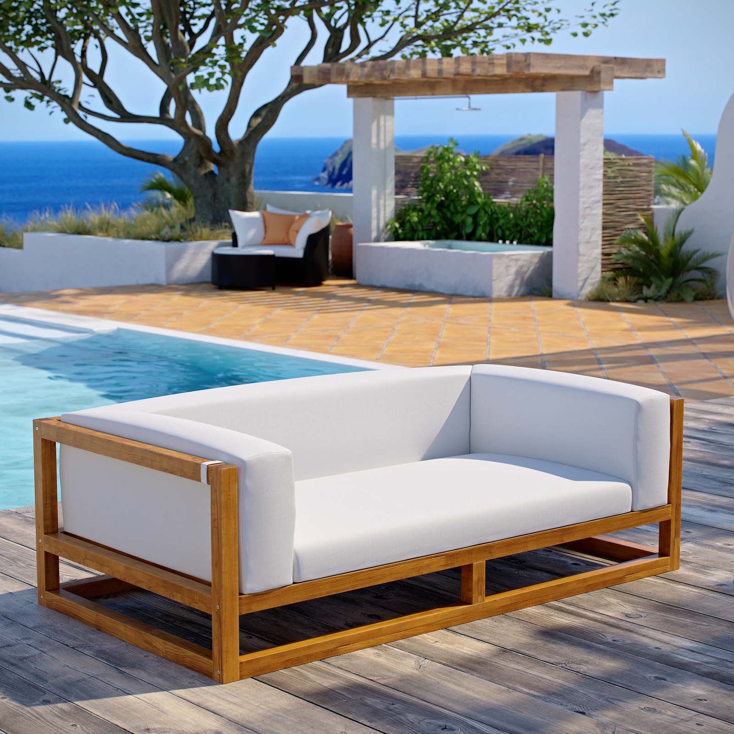 Newbury Accent Lounge Outdoor Patio Premium Grade A Teak Wood Sofa, Wood, Natural White, 17817