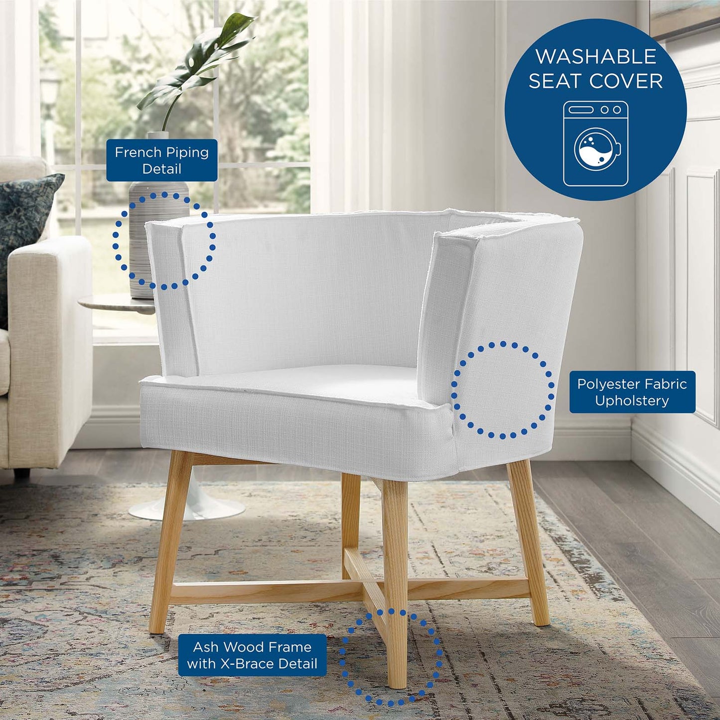 Anders Upholstered Fabric Accent Chair, Fabric, Wood, White, 18200