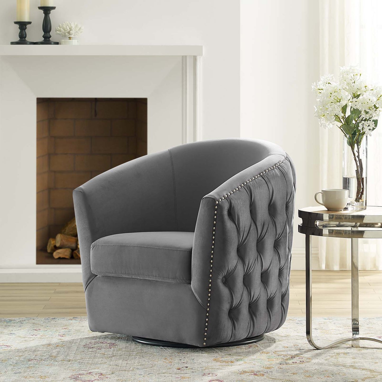 Rogue Swivel Performance Velvet Armchair, Velvet Fabric, Grey Gray, 17391