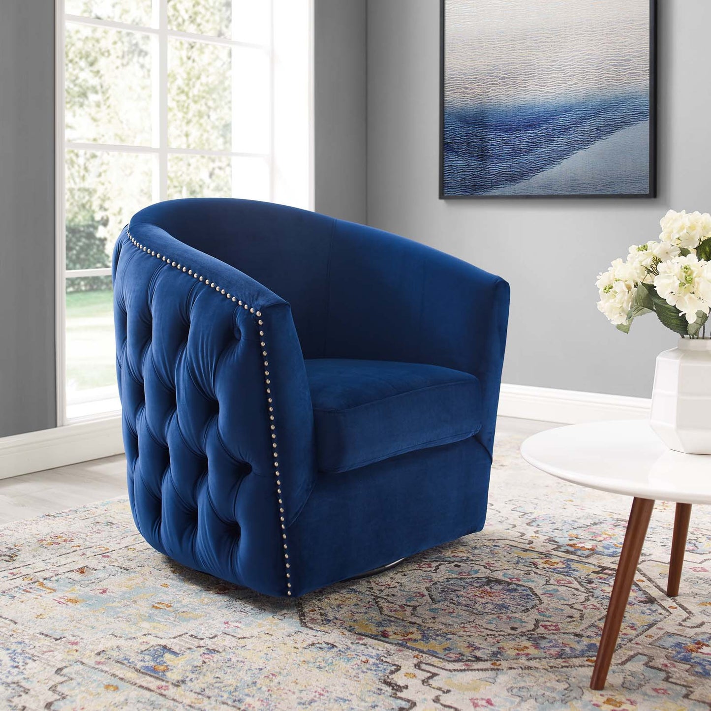 Rogue Swivel Performance Velvet Armchair, Velvet Fabric, Navy Blue, 17392