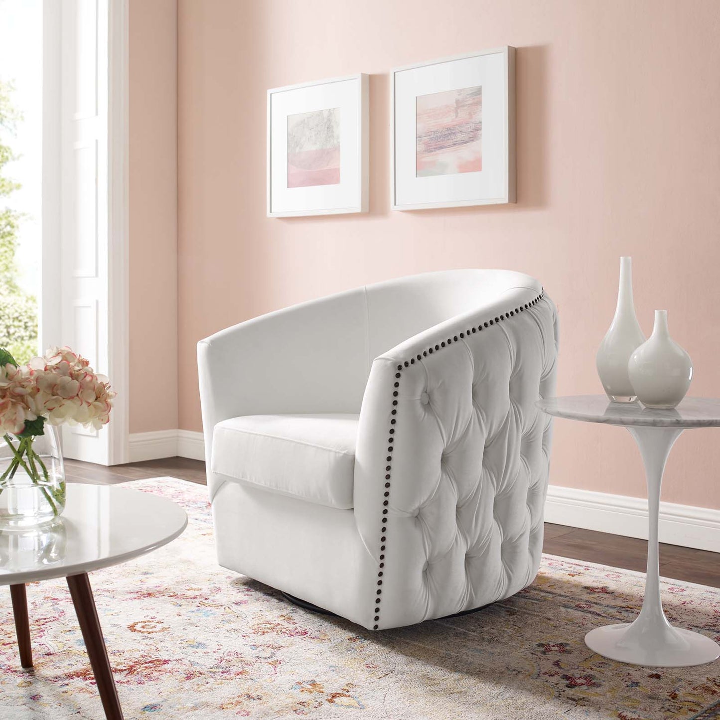 Rogue Swivel Performance Velvet Armchair, Velvet Fabric, White, 17393