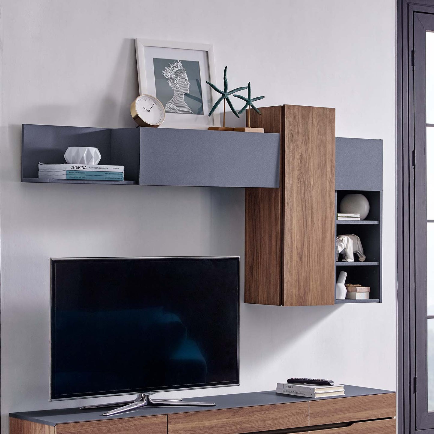 Scope Wall Mounted Shelves, Wood, Natural Walnut Gray Grey, 18000