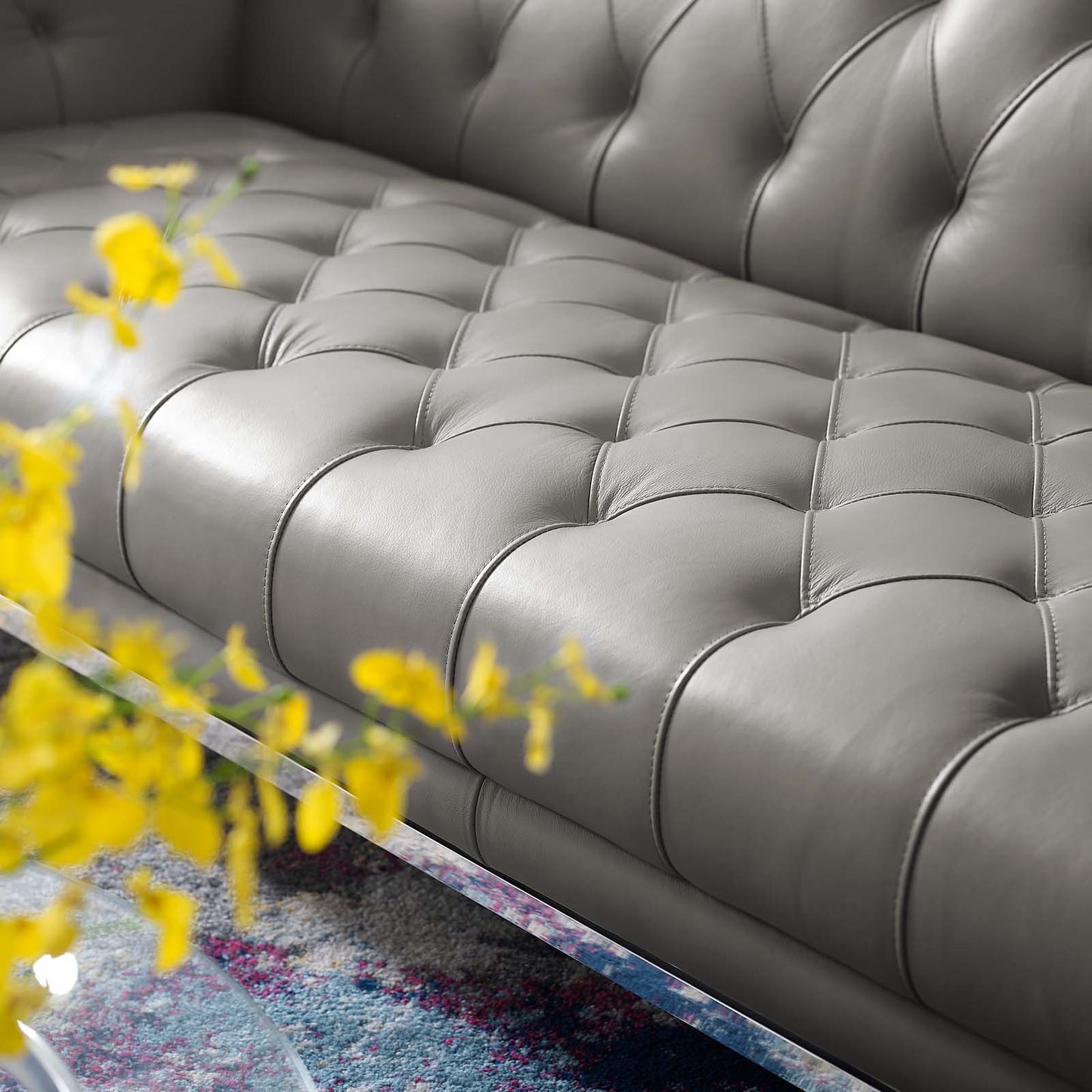 Idyll Tufted Button Upholstered Leather Chesterfield Sofa, Leather, Grey Gray, 18062