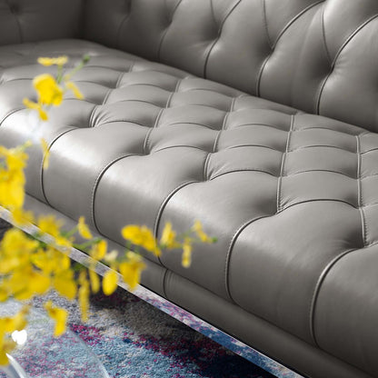 Idyll Tufted Button Upholstered Leather Chesterfield Sofa, Leather, Grey Gray, 18062