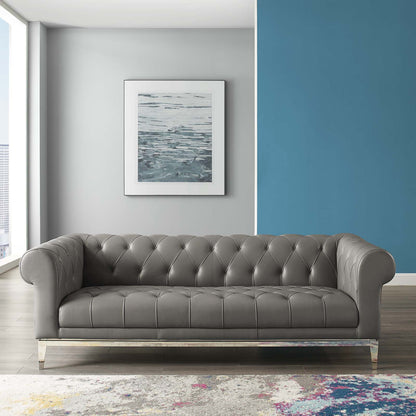 Idyll Tufted Button Upholstered Leather Chesterfield Sofa, Leather, Grey Gray, 18062