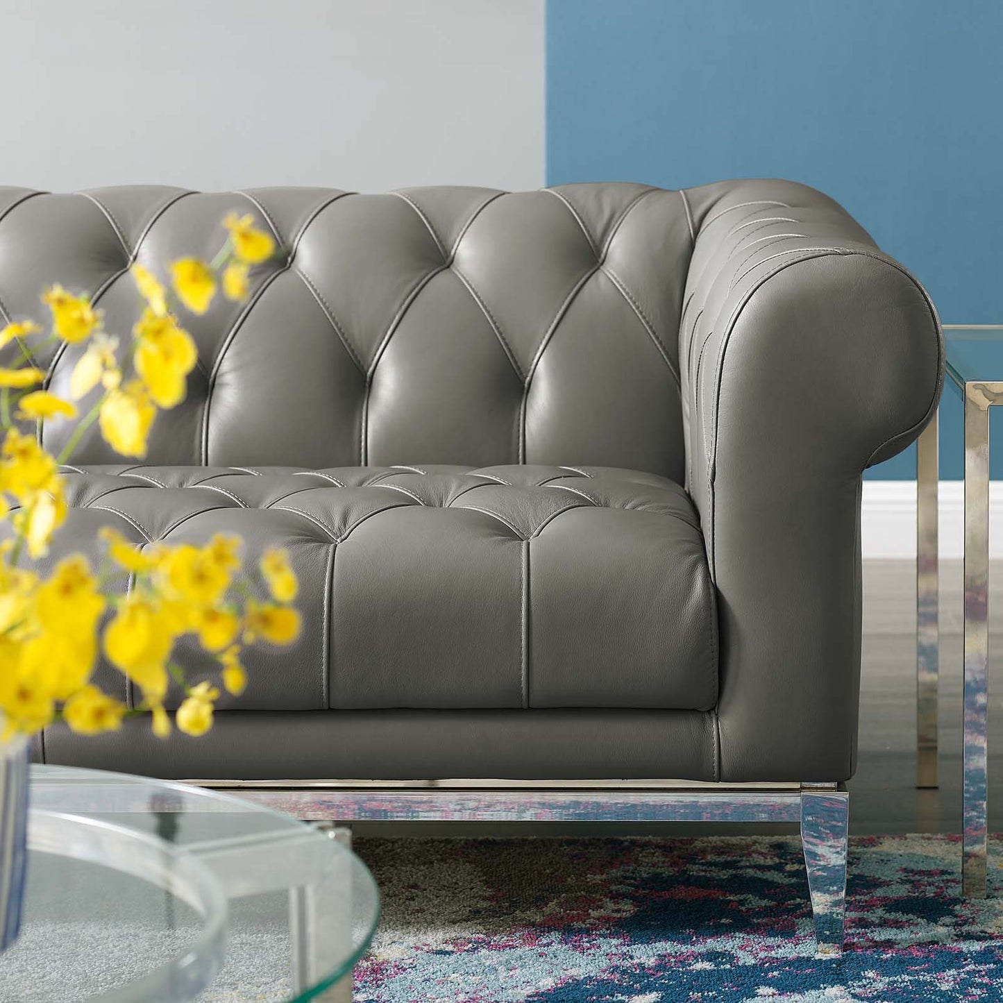 Idyll Tufted Button Upholstered Leather Chesterfield Loveseat, Leather, Grey Gray, 18064