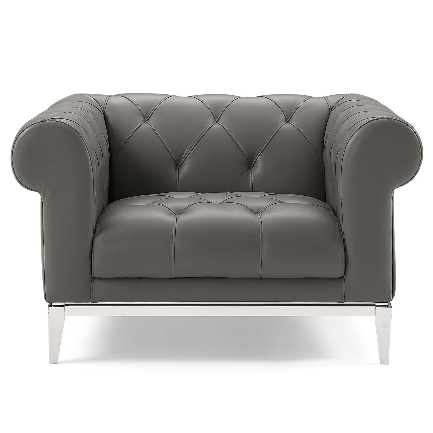 Idyll Tufted Button Upholstered Leather Chesterfield Armchair, Leather, Grey Gray, 18066