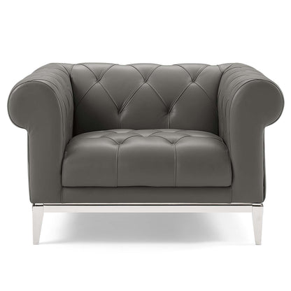 Idyll Tufted Button Upholstered Leather Chesterfield Armchair, Leather, Grey Gray, 18066