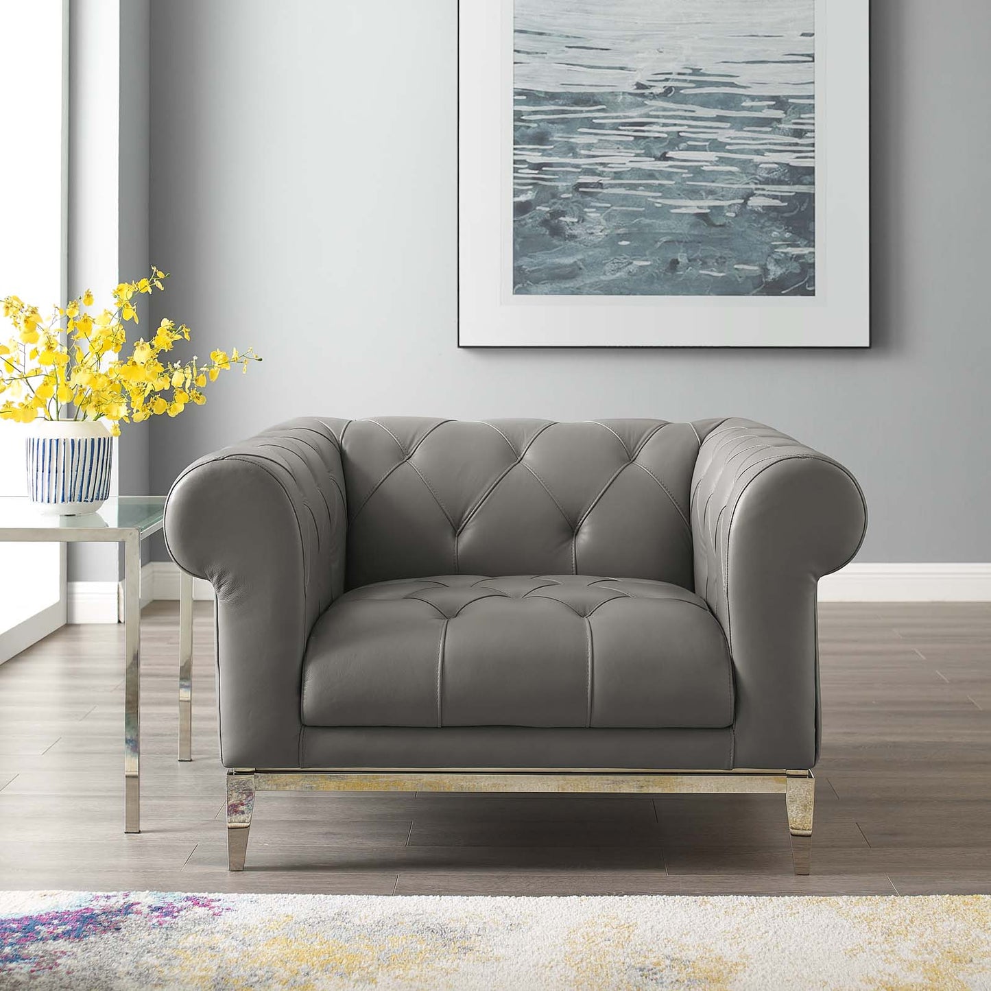 Idyll Tufted Button Upholstered Leather Chesterfield Armchair, Leather, Grey Gray, 18066