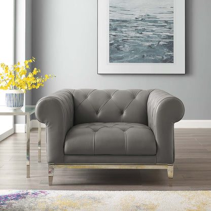 Idyll Tufted Button Upholstered Leather Chesterfield Armchair, Leather, Grey Gray, 18066