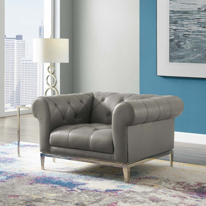 Idyll Tufted Button Upholstered Leather Chesterfield Armchair, Leather, Grey Gray, 18066