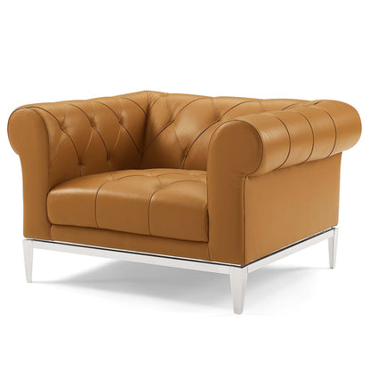 Idyll Tufted Button Upholstered Leather Chesterfield Armchair, Leather, Tan Brown, 18067