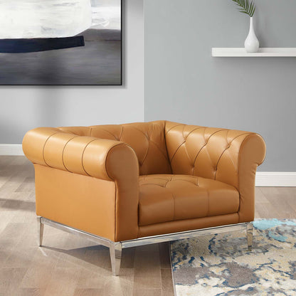 Idyll Tufted Button Upholstered Leather Chesterfield Armchair, Leather, Tan Brown, 18067