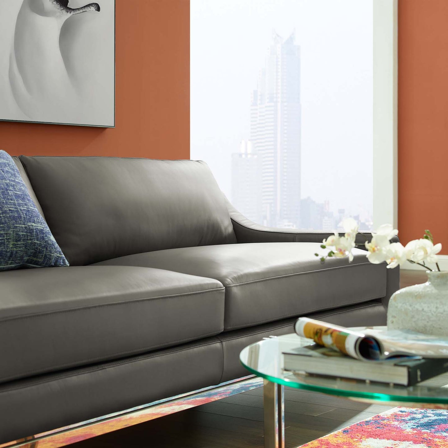 Harness 83.5" Stainless Steel Base Leather Sofa, Leather, Grey Gray, 18068