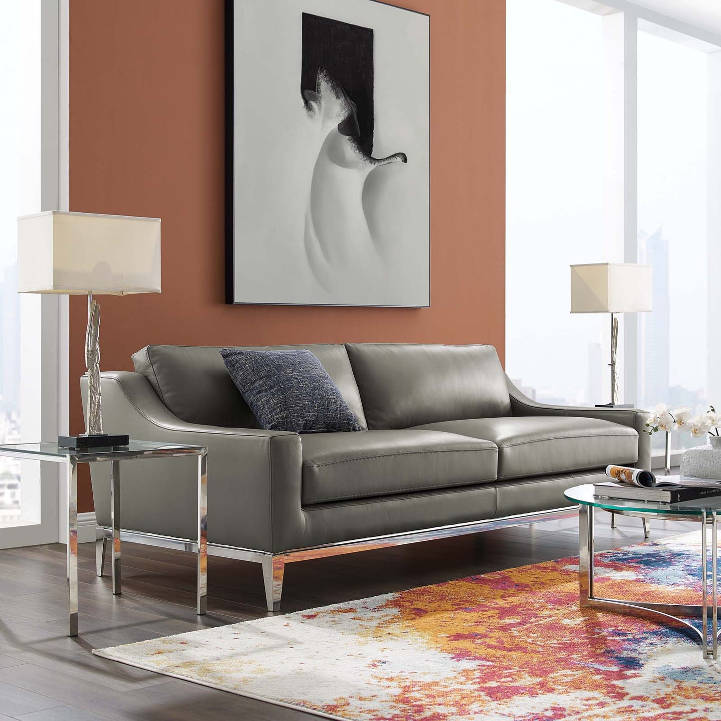 Harness 83.5" Stainless Steel Base Leather Sofa, Leather, Grey Gray, 18068