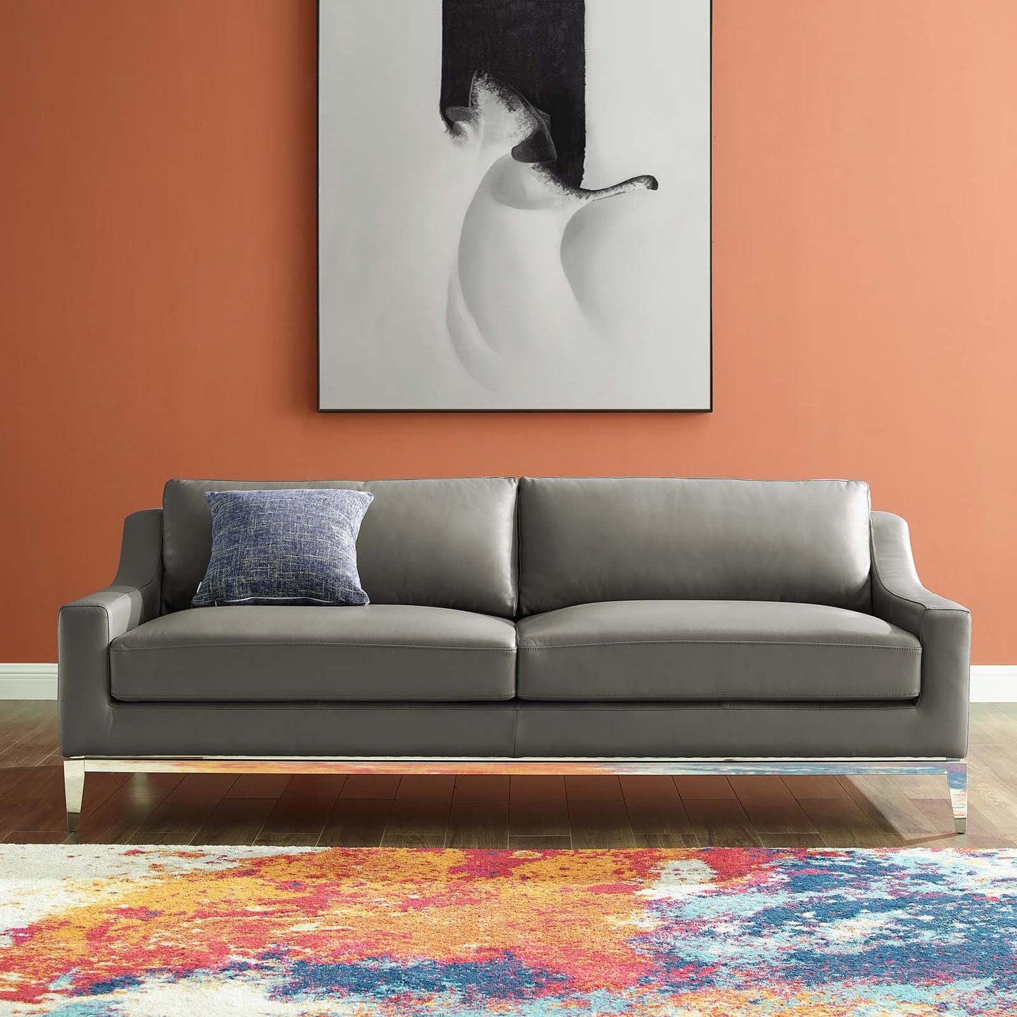 Harness 83.5" Stainless Steel Base Leather Sofa, Leather, Grey Gray, 18068