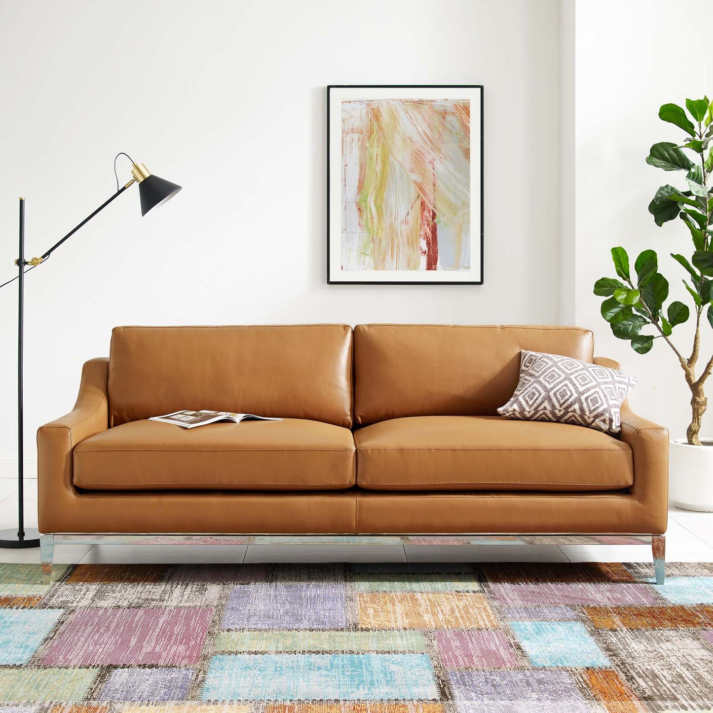 Harness 83.5" Stainless Steel Base Leather Sofa, Leather, Tan Brown, 18069