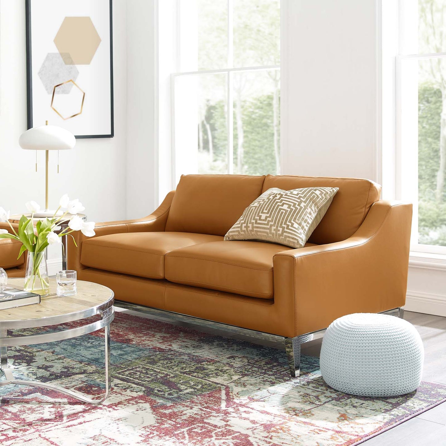 Harness 64" Stainless Steel Base Leather Loveseat, Leather, Tan Brown, 18071