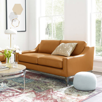 Harness 64" Stainless Steel Base Leather Loveseat, Leather, Tan Brown, 18071