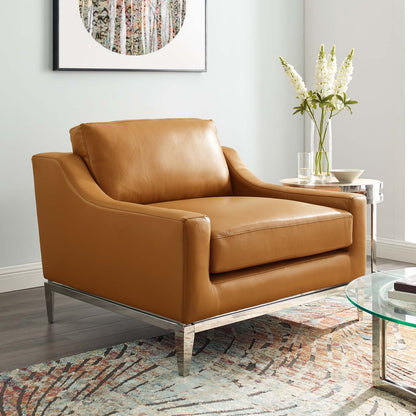 Harness Stainless Steel Base Leather Armchair, Leather, Tan Brown, 18073