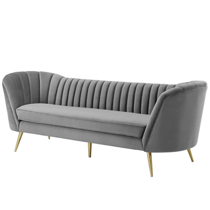Opportunity Vertical Channel Tufted Curved Performance Velvet Sofa, Velvet Fabric Metal Steel, Grey Gray, 17400
