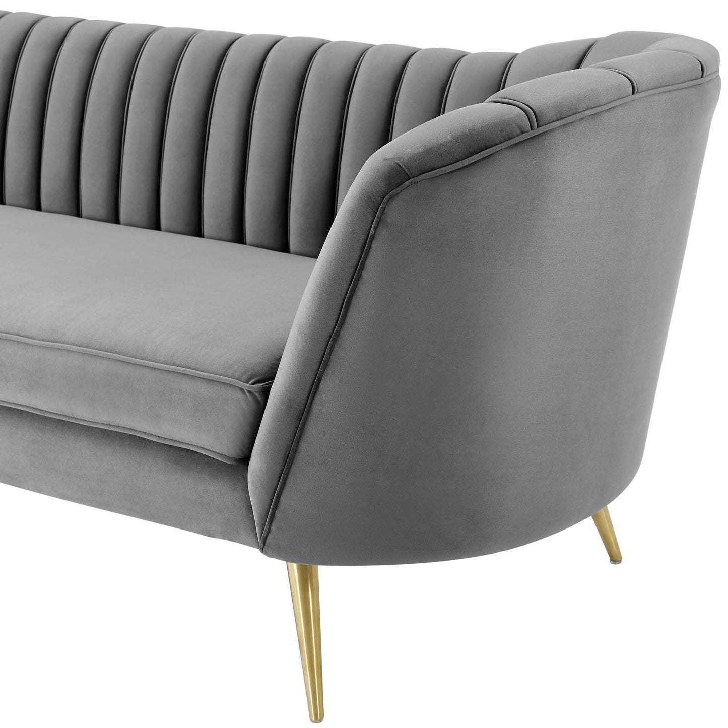 Opportunity Vertical Channel Tufted Curved Performance Velvet Sofa, Velvet Fabric Metal Steel, Grey Gray, 17400