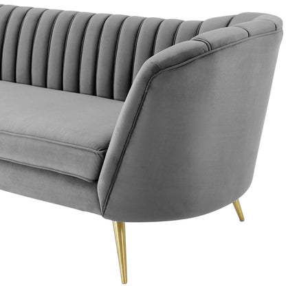 Opportunity Vertical Channel Tufted Curved Performance Velvet Sofa, Velvet Fabric Metal Steel, Grey Gray, 17400