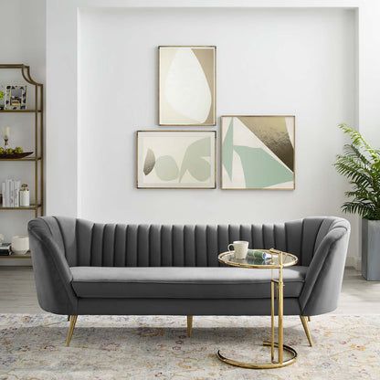 Opportunity Vertical Channel Tufted Curved Performance Velvet Sofa, Velvet Fabric Metal Steel, Grey Gray, 17400