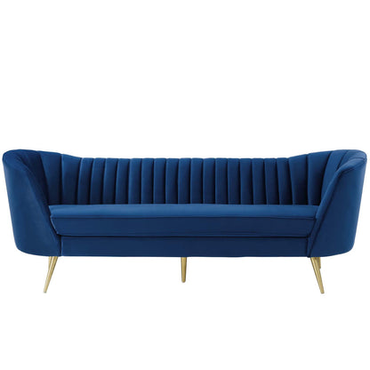 Opportunity Vertical Channel Tufted Curved Performance Velvet Sofa, Velvet Fabric Metal Steel, Navy Blue, 17401