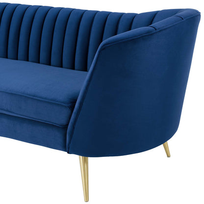 Opportunity Vertical Channel Tufted Curved Performance Velvet Sofa, Velvet Fabric Metal Steel, Navy Blue, 17401