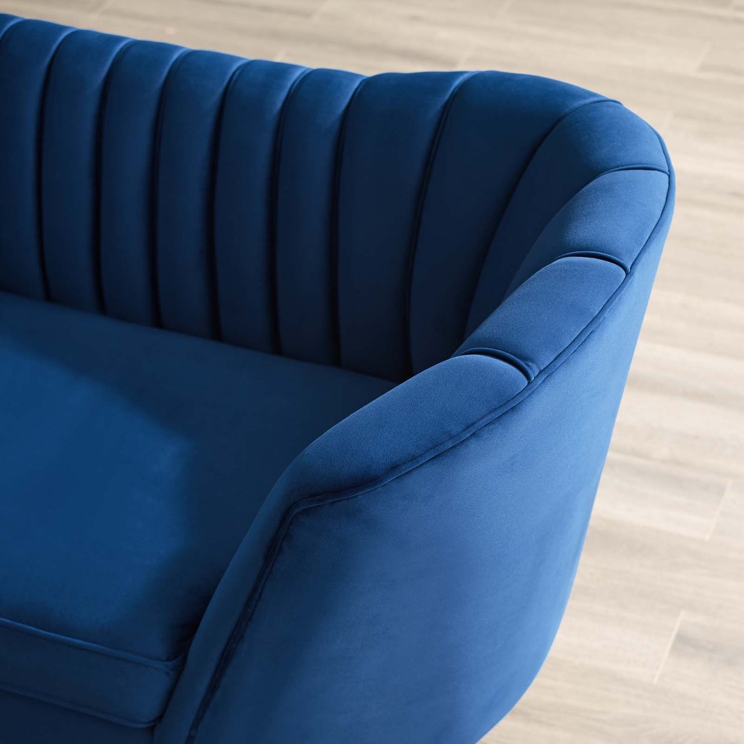 Opportunity Vertical Channel Tufted Curved Performance Velvet Sofa, Velvet Fabric Metal Steel, Navy Blue, 17401
