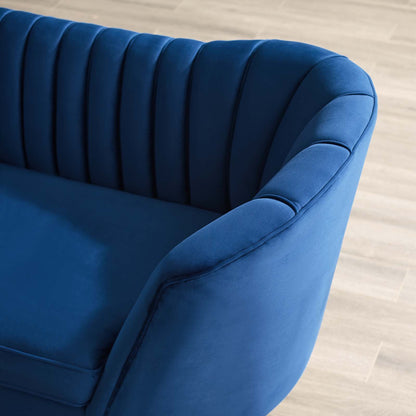 Opportunity Vertical Channel Tufted Curved Performance Velvet Sofa, Velvet Fabric Metal Steel, Navy Blue, 17401