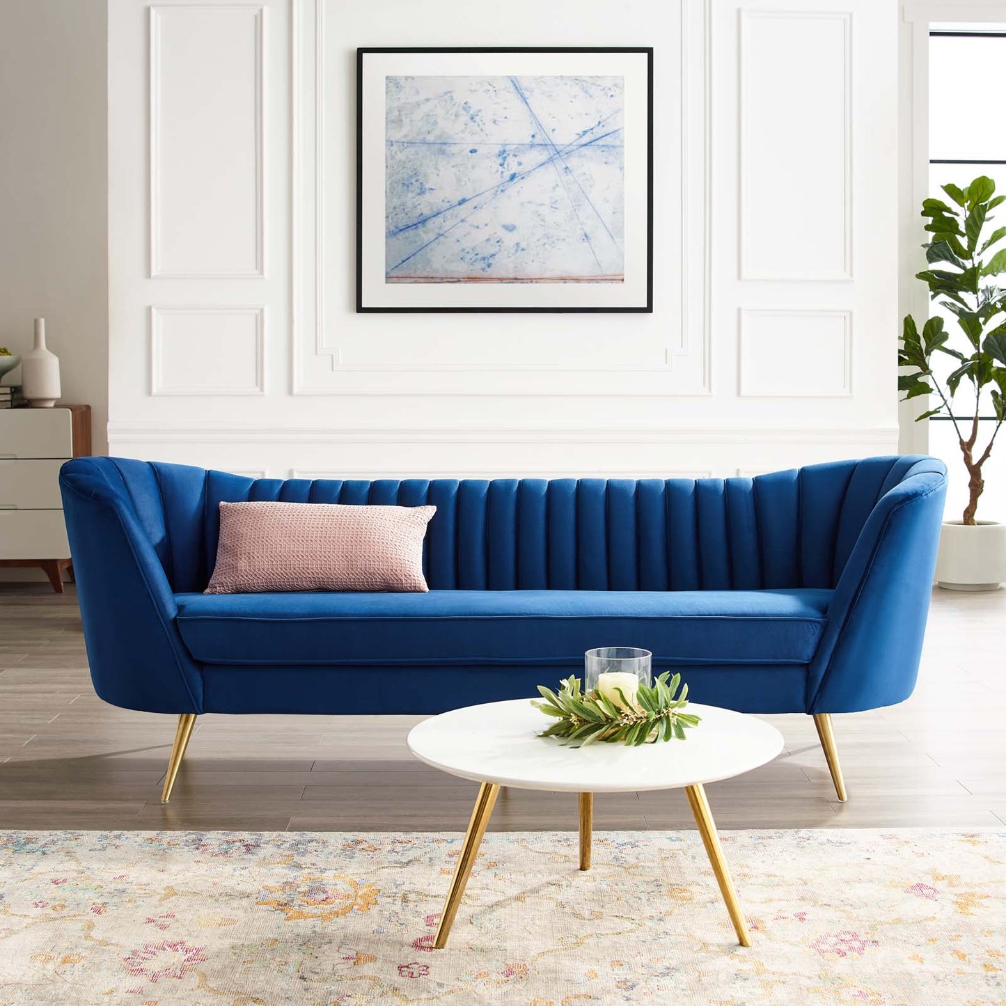 Opportunity Vertical Channel Tufted Curved Performance Velvet Sofa, Velvet Fabric Metal Steel, Navy Blue, 17401