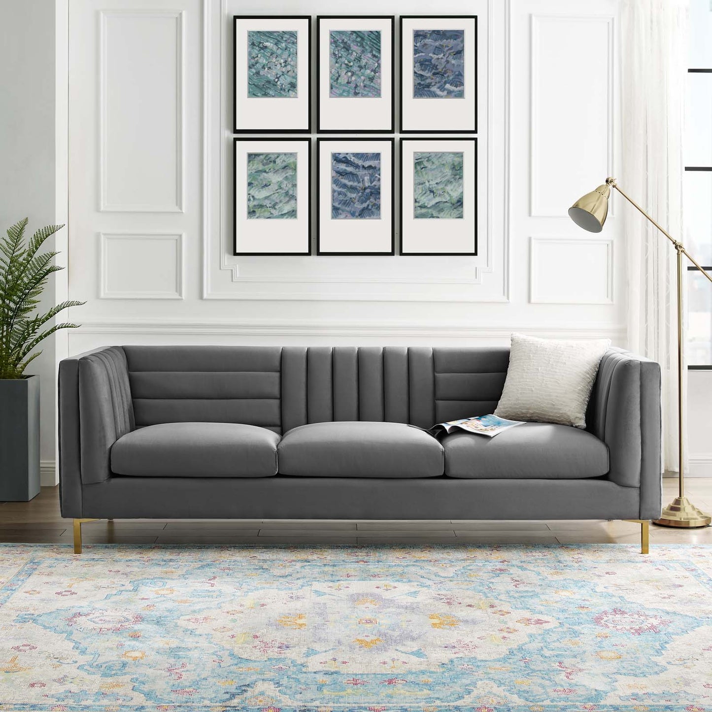 Ingenuity Channel Tufted Performance Velvet Sofa, Velvet Fabric Metal Steel, Grey Gray, 17403