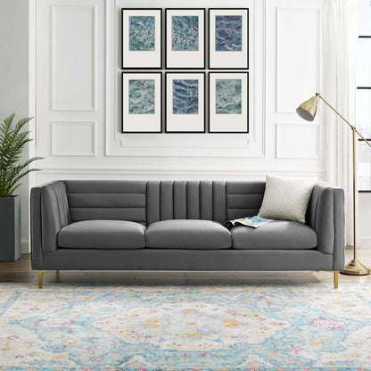 Ingenuity Channel Tufted Performance Velvet Sofa, Velvet Fabric Metal Steel, Grey Gray, 17403