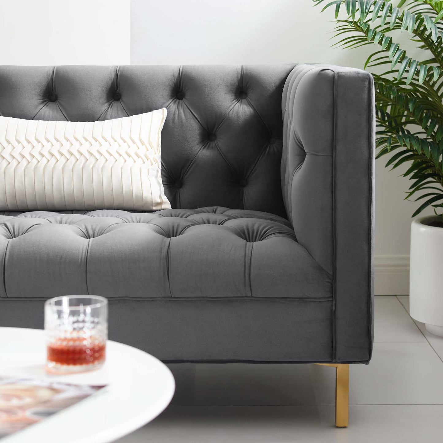 Delight Tufted Button Performance Velvet Sofa, Velvet Fabric Metal Steel, Grey Gray, 17406