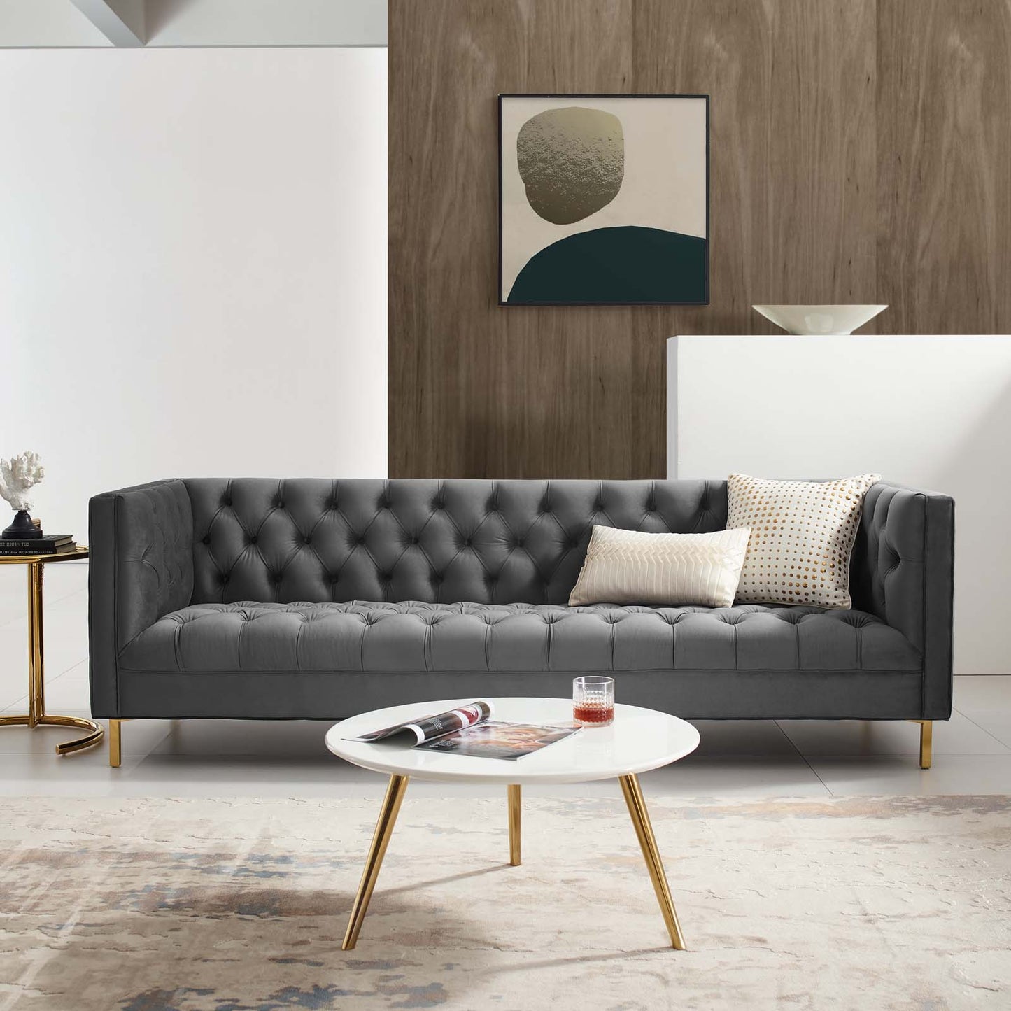 Delight Tufted Button Performance Velvet Sofa, Velvet Fabric Metal Steel, Grey Gray, 17406