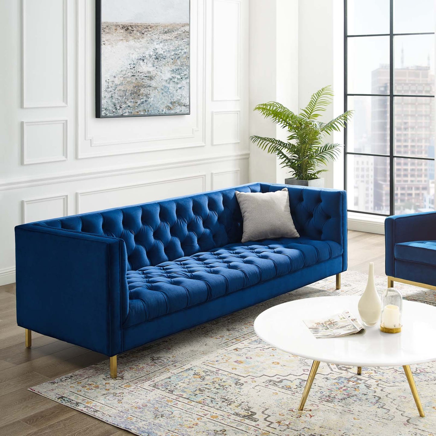 Delight Tufted Button Performance Velvet Sofa, Velvet Fabric Metal Steel, Navy Blue, 17407