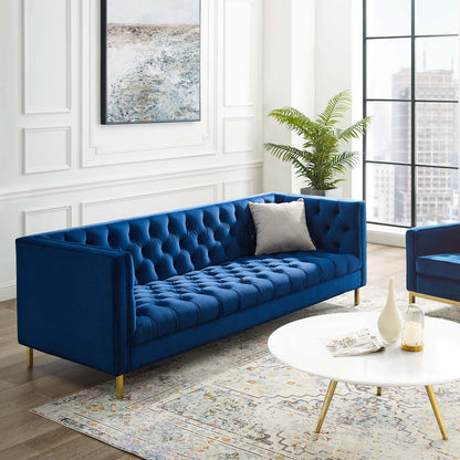 Delight Tufted Button Performance Velvet Sofa, Velvet Fabric Metal Steel, Navy Blue, 17407
