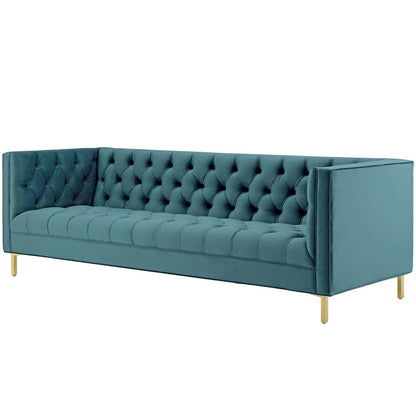 Delight Tufted Button Performance Velvet Sofa, Velvet Fabric Metal Steel, Blue, 17408