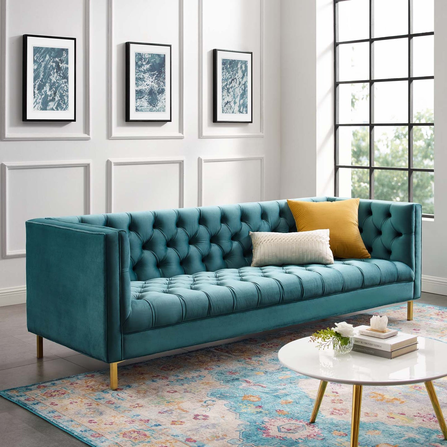 Delight Tufted Button Performance Velvet Sofa, Velvet Fabric Metal Steel, Blue, 17408