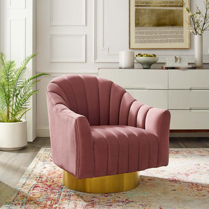 Buoyant Vertical Channel Tufted Accent Lounge Performance Velvet Swivel Chair, Velvet Fabric Metal Steel, Pink, 17419