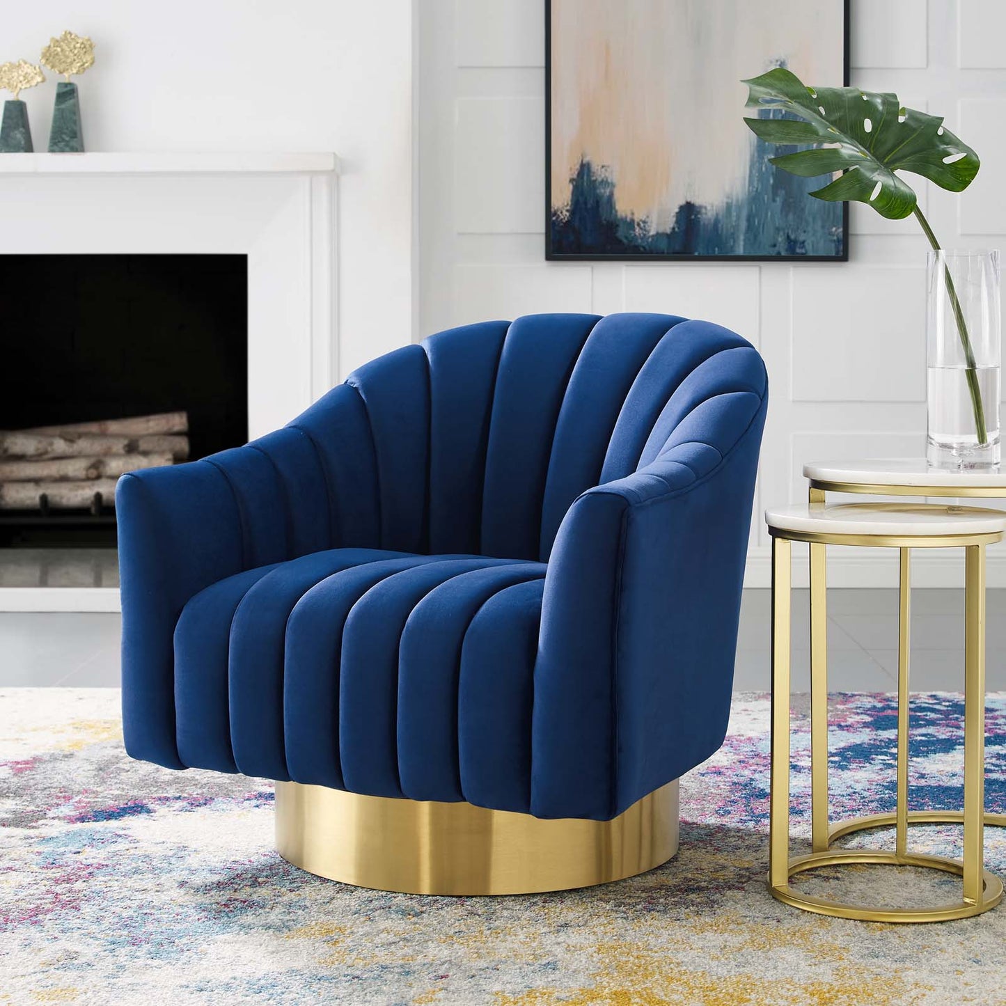 Buoyant Vertical Channel Tufted Accent Lounge Performance Velvet Swivel Chair, Velvet Fabric Metal Steel, Navy Blue, 17421