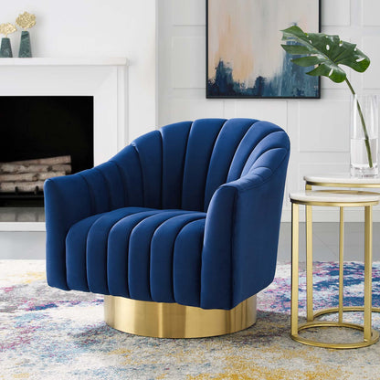 Buoyant Vertical Channel Tufted Accent Lounge Performance Velvet Swivel Chair, Velvet Fabric Metal Steel, Navy Blue, 17421
